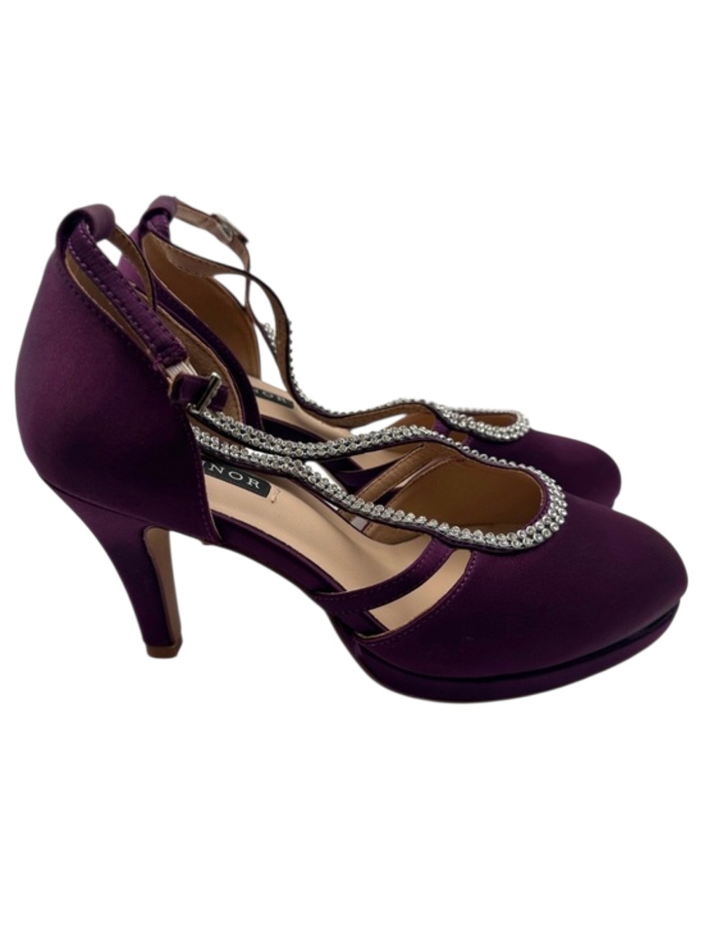 Women's Purple Satin T-Strap Heels with Crystal Trim